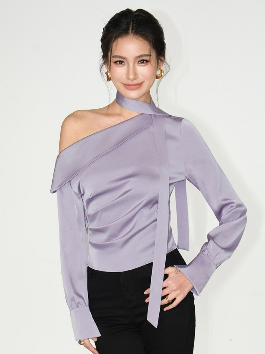 Weslyn One Shoulder Satin Top with Neck Tie-The Black Bow-
