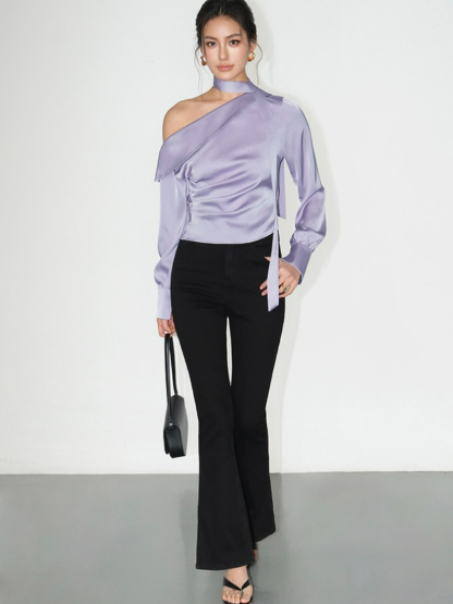 Weslyn One Shoulder Satin Top with Neck Tie-The Black Bow-