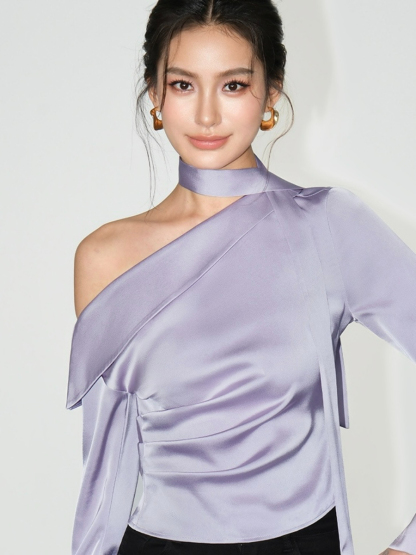 Weslyn One Shoulder Satin Top with Neck Tie-The Black Bow-