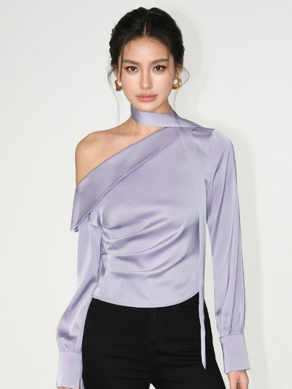 Weslyn One Shoulder Satin Top with Neck Tie-The Black Bow-