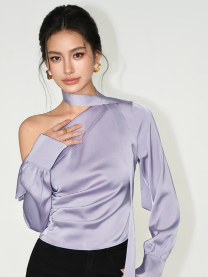Weslyn One Shoulder Satin Top with Neck Tie-The Black Bow-