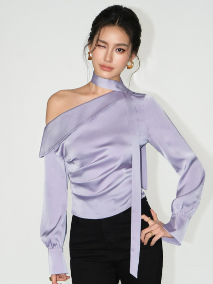 Weslyn One Shoulder Satin Top with Neck Tie-The Black Bow-