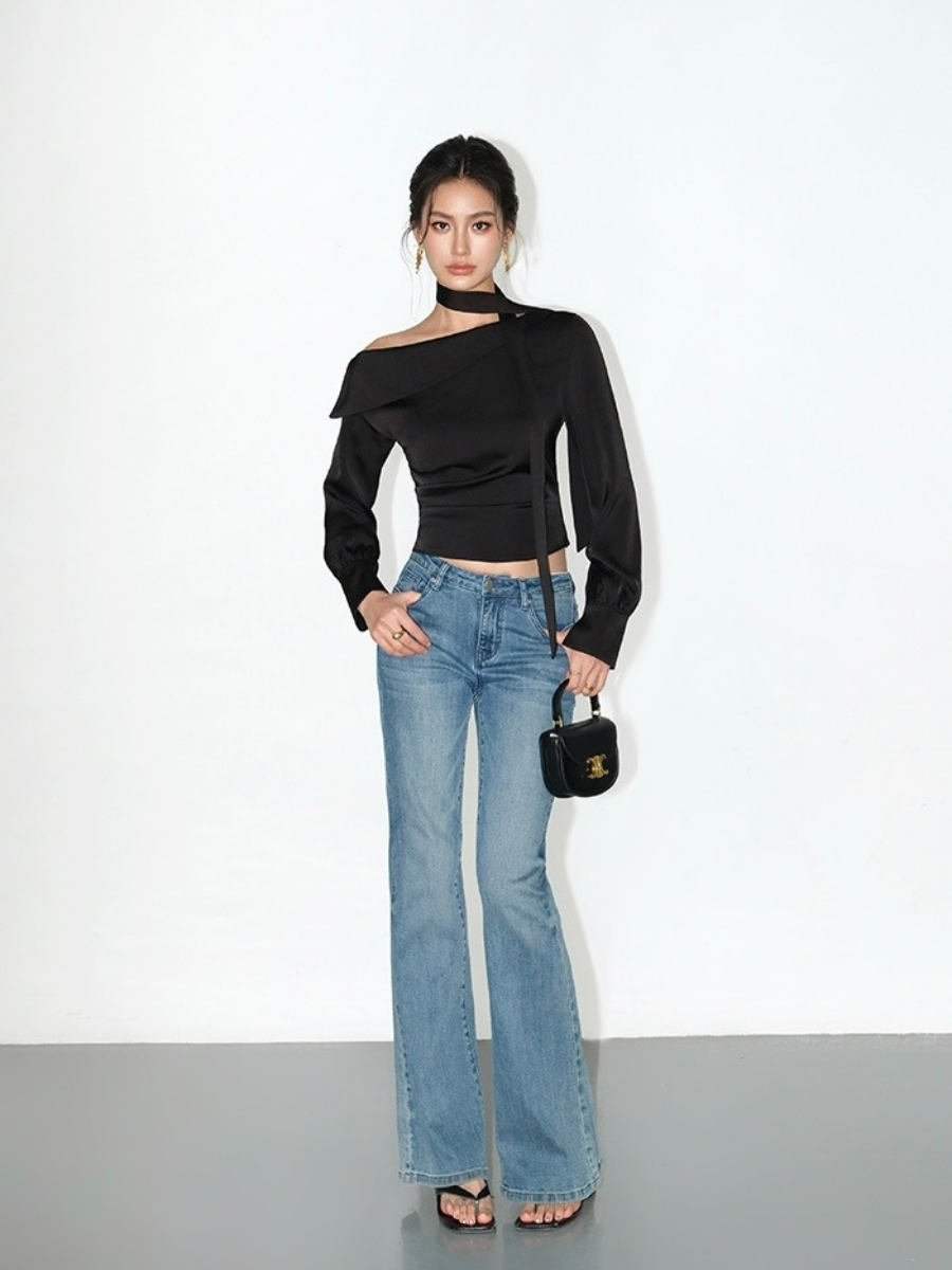 Weslyn One Shoulder Satin Top with Neck Tie-The Black Bow-