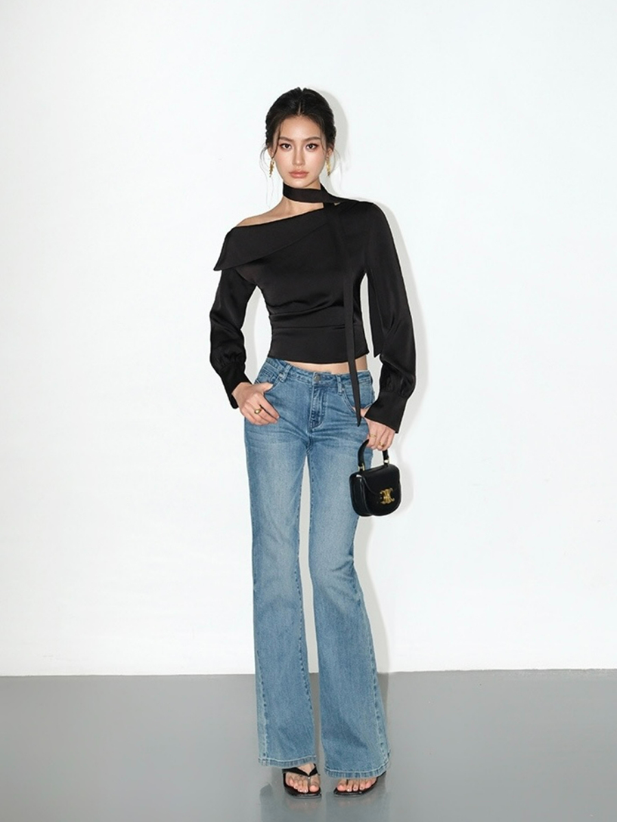 Weslyn One Shoulder Satin Top with Neck Tie-The Black Bow-
