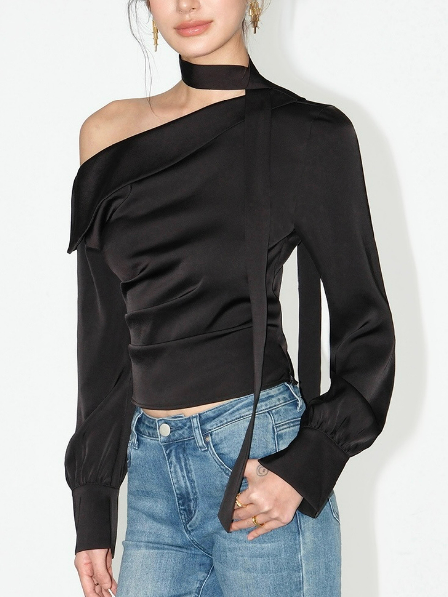 Weslyn One Shoulder Satin Top with Neck Tie-The Black Bow-