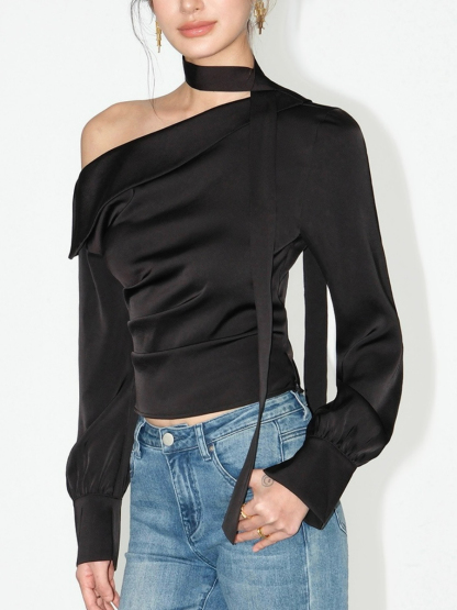 Weslyn One Shoulder Satin Top with Neck Tie-The Black Bow-
