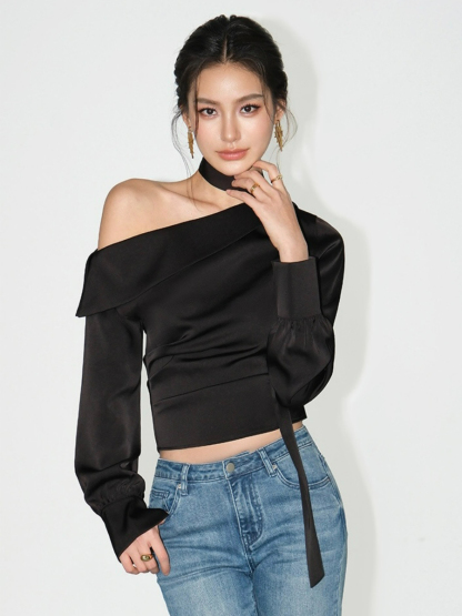 Weslyn One Shoulder Satin Top with Neck Tie-The Black Bow-