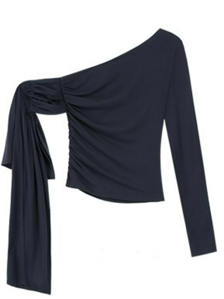 Jazmine One Shoulder Asymmetric Collar Top-The Black Bow-