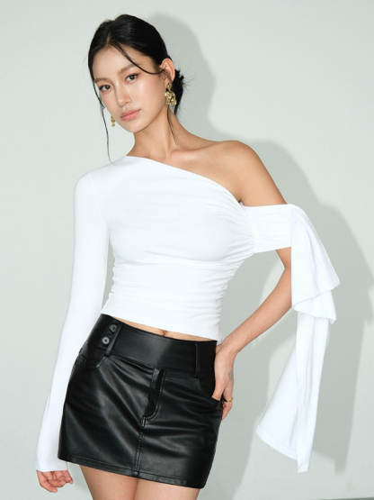 Jazmine One Shoulder Asymmetric Collar Top-The Black Bow-