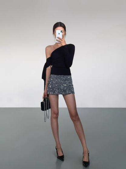 Jazmine One Shoulder Asymmetric Collar Top-The Black Bow-
