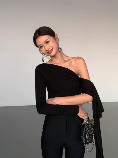 Jazmine One Shoulder Asymmetric Collar Top-The Black Bow-