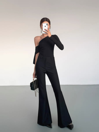 Jazmine One Shoulder Asymmetric Collar Top-The Black Bow-