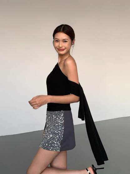Jazmine One Shoulder Asymmetric Collar Top-The Black Bow-