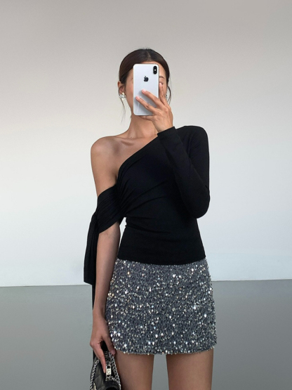 Jazmine One Shoulder Asymmetric Collar Top-The Black Bow-