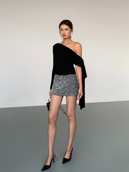 Jazmine One Shoulder Asymmetric Collar Top-The Black Bow-