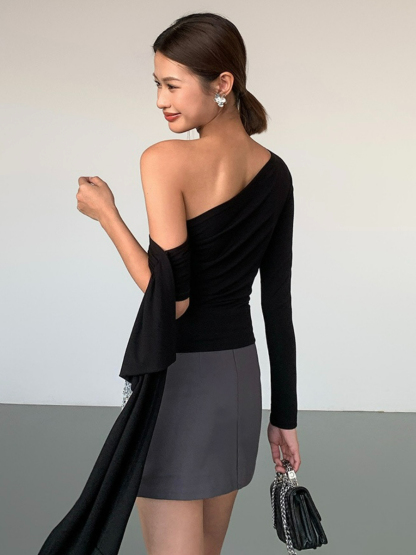 Jazmine One Shoulder Asymmetric Collar Top-The Black Bow-