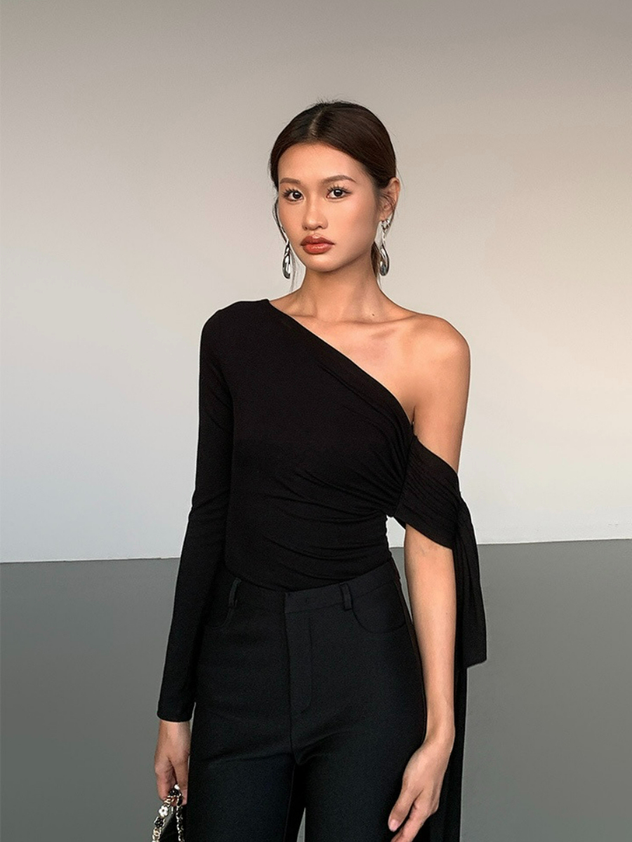 Jazmine One Shoulder Asymmetric Collar Top-The Black Bow-
