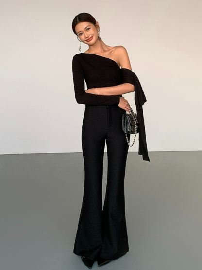Jazmine One Shoulder Asymmetric Collar Top-The Black Bow-