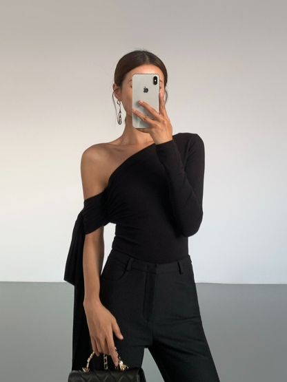 Jazmine One Shoulder Asymmetric Collar Top-The Black Bow-
