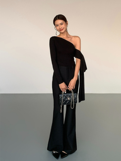 Jazmine One Shoulder Asymmetric Collar Top-The Black Bow-