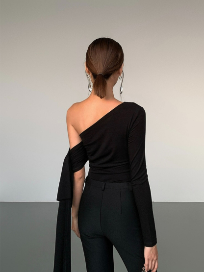 Jazmine One Shoulder Asymmetric Collar Top-The Black Bow-