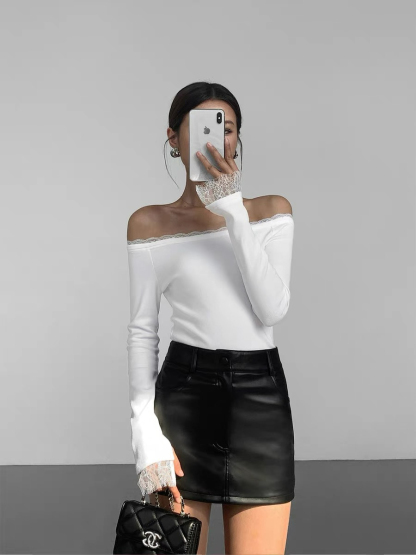 Jailyn Off Shoulder Lacey Trim Top-The Black Bow-