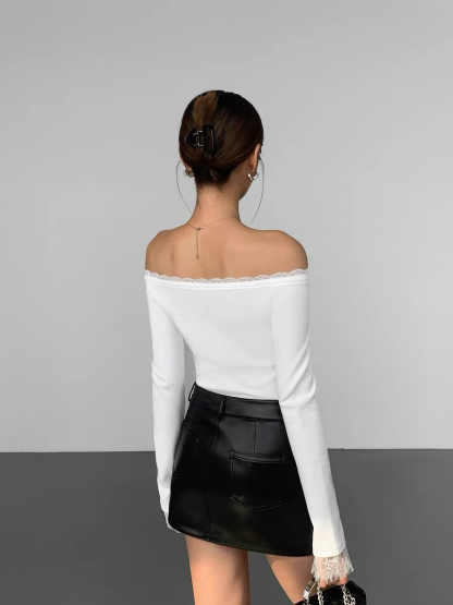 Jailyn Off Shoulder Lacey Trim Top-The Black Bow-