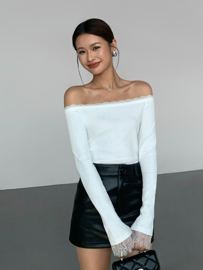 Jailyn Off Shoulder Lacey Trim Top-The Black Bow-