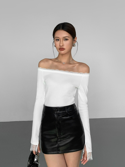 Jailyn Off Shoulder Lacey Trim Top-The Black Bow-