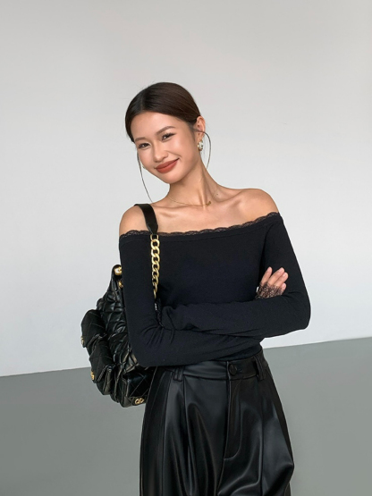 Jailyn Off Shoulder Lacey Trim Top-The Black Bow-