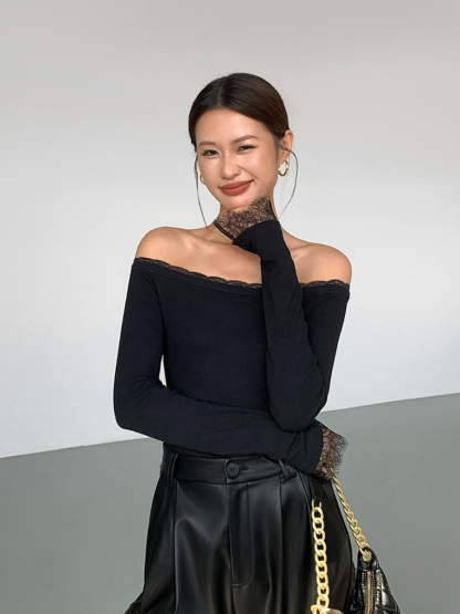 Jailyn Off Shoulder Lacey Trim Top-The Black Bow-