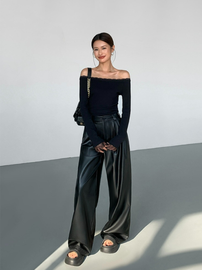 Jailyn Off Shoulder Lacey Trim Top-The Black Bow-