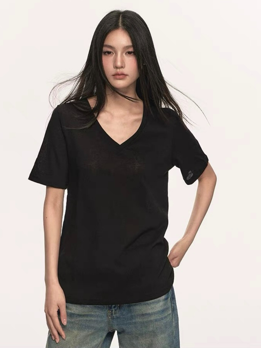 Olive Semi Sheer V-Neck Tee