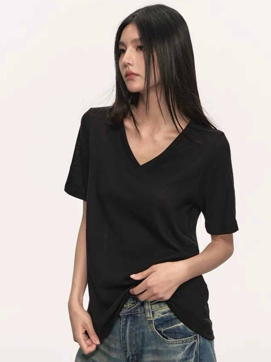 Olive Semi Sheer V-Neck Tee