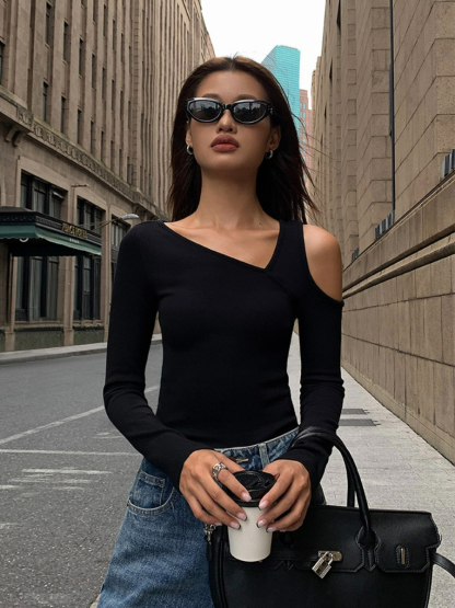 Judy Cold Shoulder Asymmetric Top-The Black Bow-