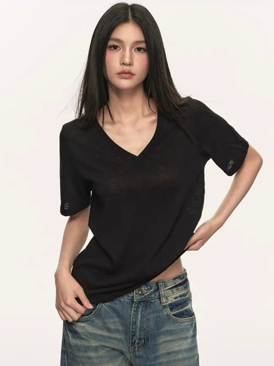 Olive Semi Sheer V-Neck Tee