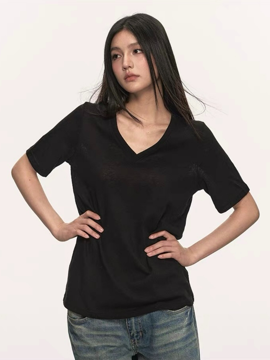 Olive Semi Sheer V-Neck Tee