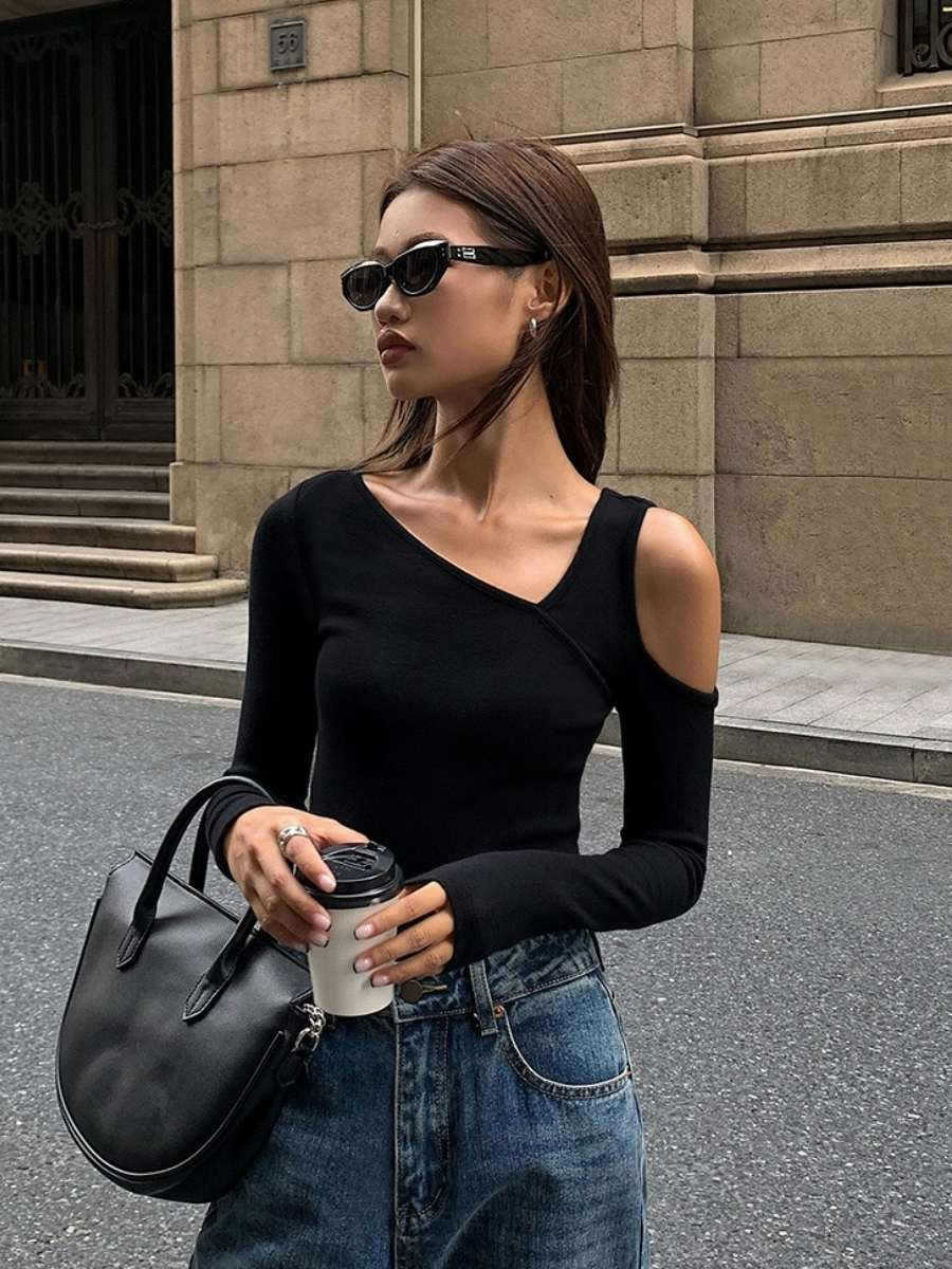 Judy Cold Shoulder Asymmetric Top-The Black Bow-