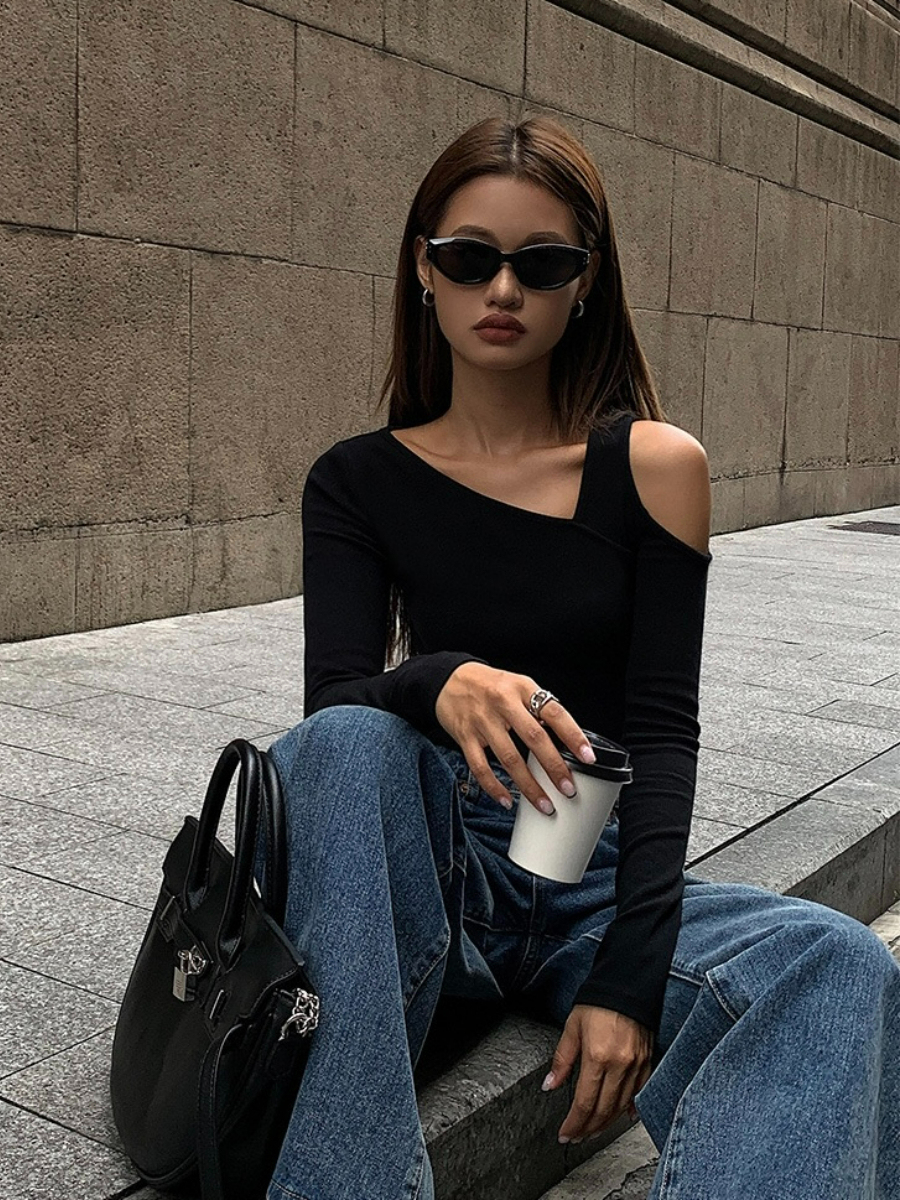 Judy Cold Shoulder Asymmetric Top-The Black Bow-