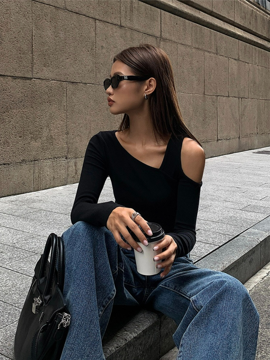 Judy Cold Shoulder Asymmetric Top-The Black Bow-