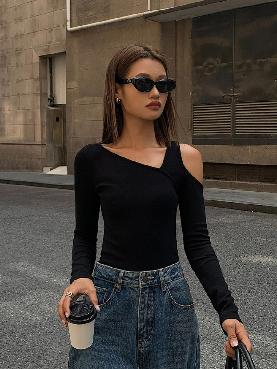 Judy Cold Shoulder Asymmetric Top-The Black Bow-