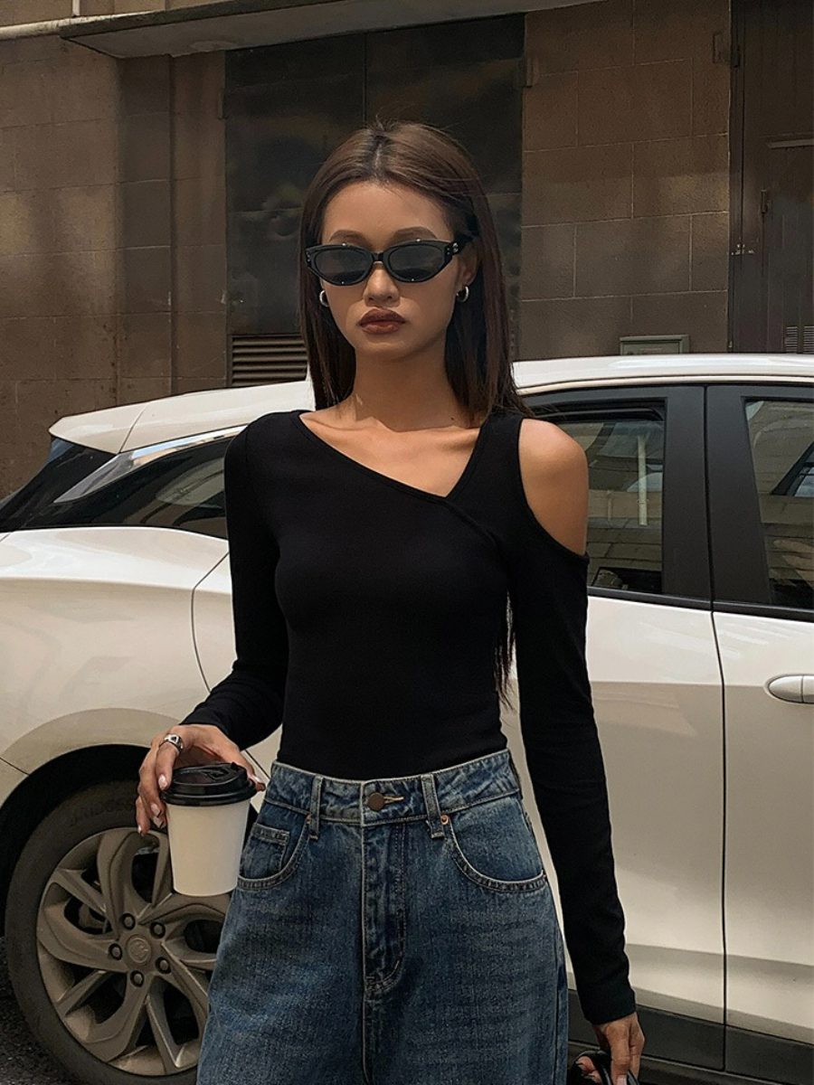 Judy Cold Shoulder Asymmetric Top-The Black Bow-