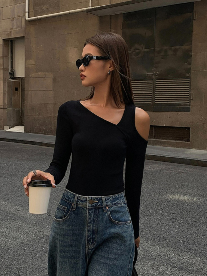 Judy Cold Shoulder Asymmetric Top-The Black Bow-