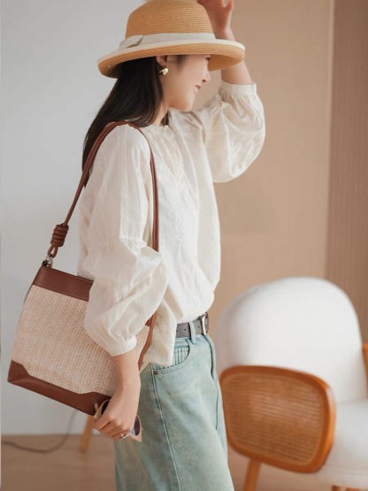 Ling Feng Stand Collar Floral Embosed Top