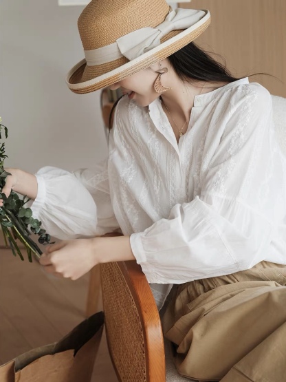 Ling Feng Stand Collar Floral Embosed Top