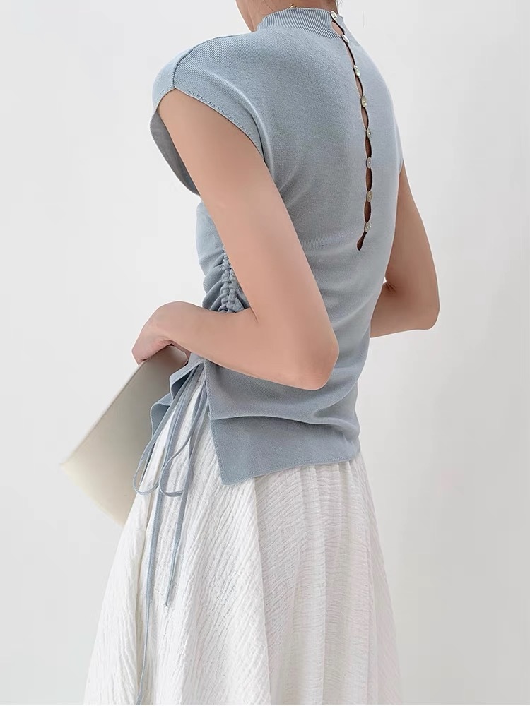 Ellie High Neck Side Ruched Back Button Knit Top-The Black Bow-