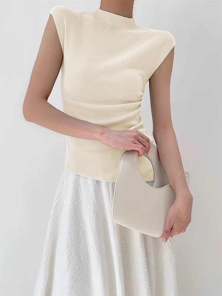 Ellie High Neck Side Ruched Back Button Knit Top-The Black Bow-