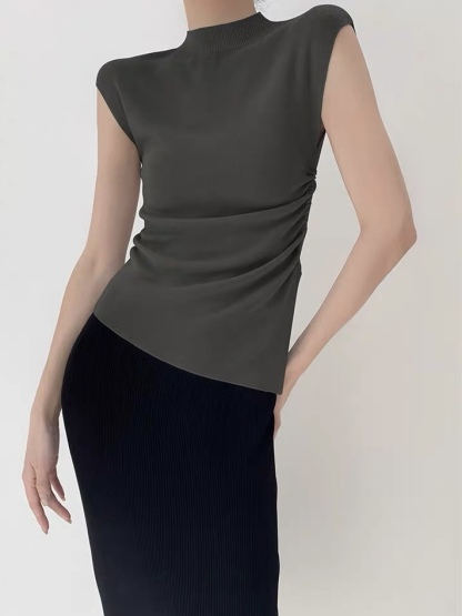 Ellie High Neck Side Ruched Back Button Knit Top-The Black Bow-