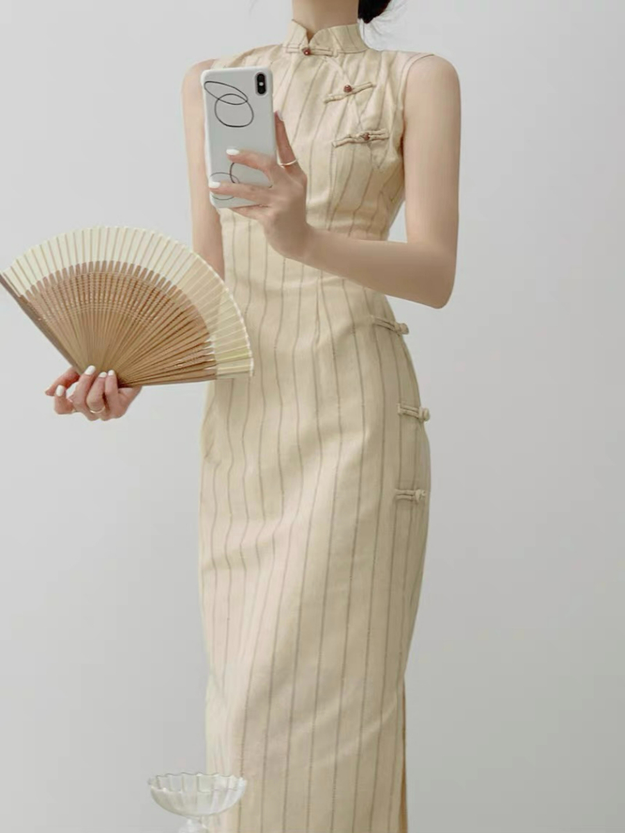 Xi Nin Stripe Linen Cheongsam-The Black Bow-