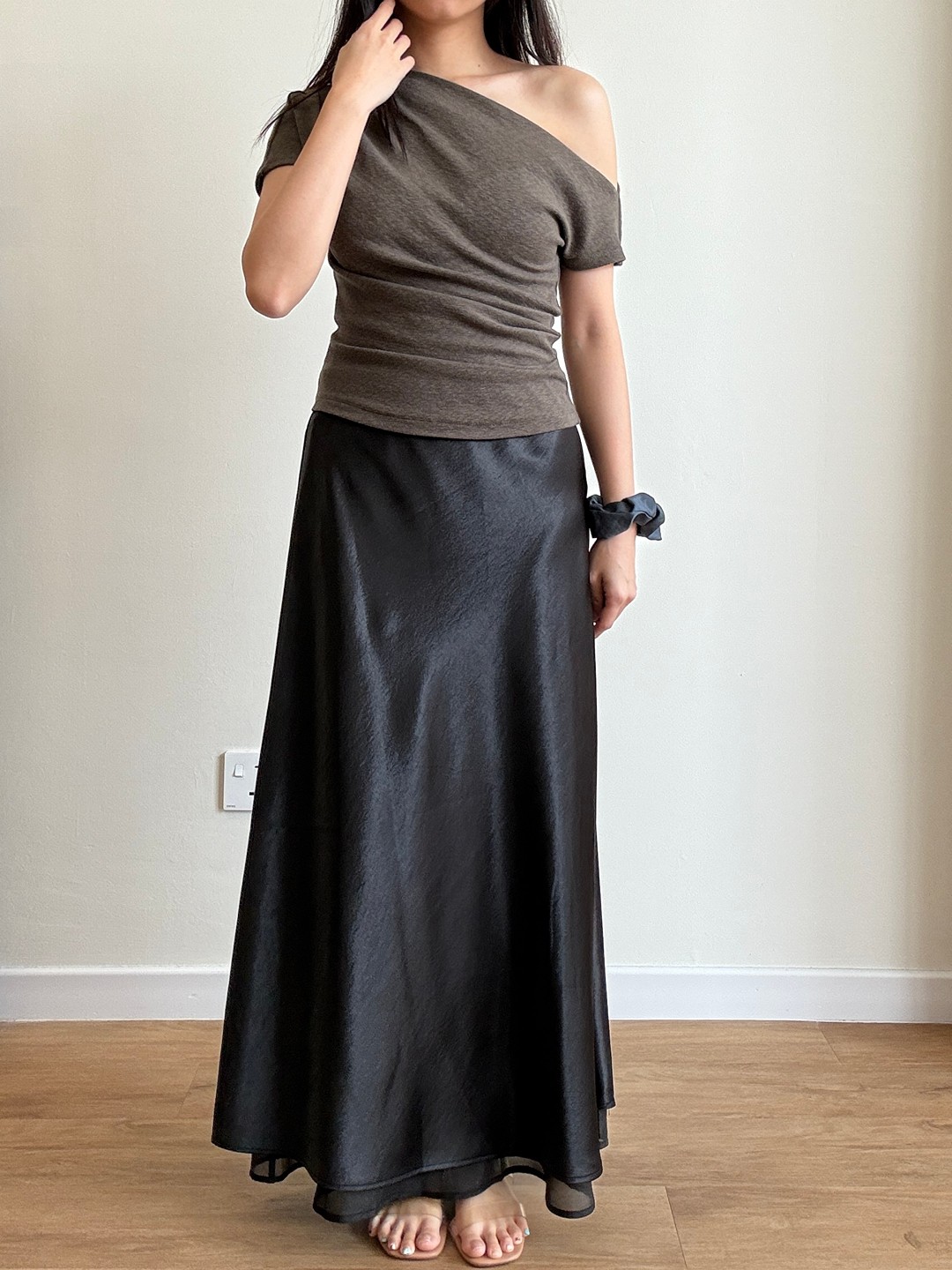 Gemma Sheer-Hem Layered Satin A-Line Maxi Skirt